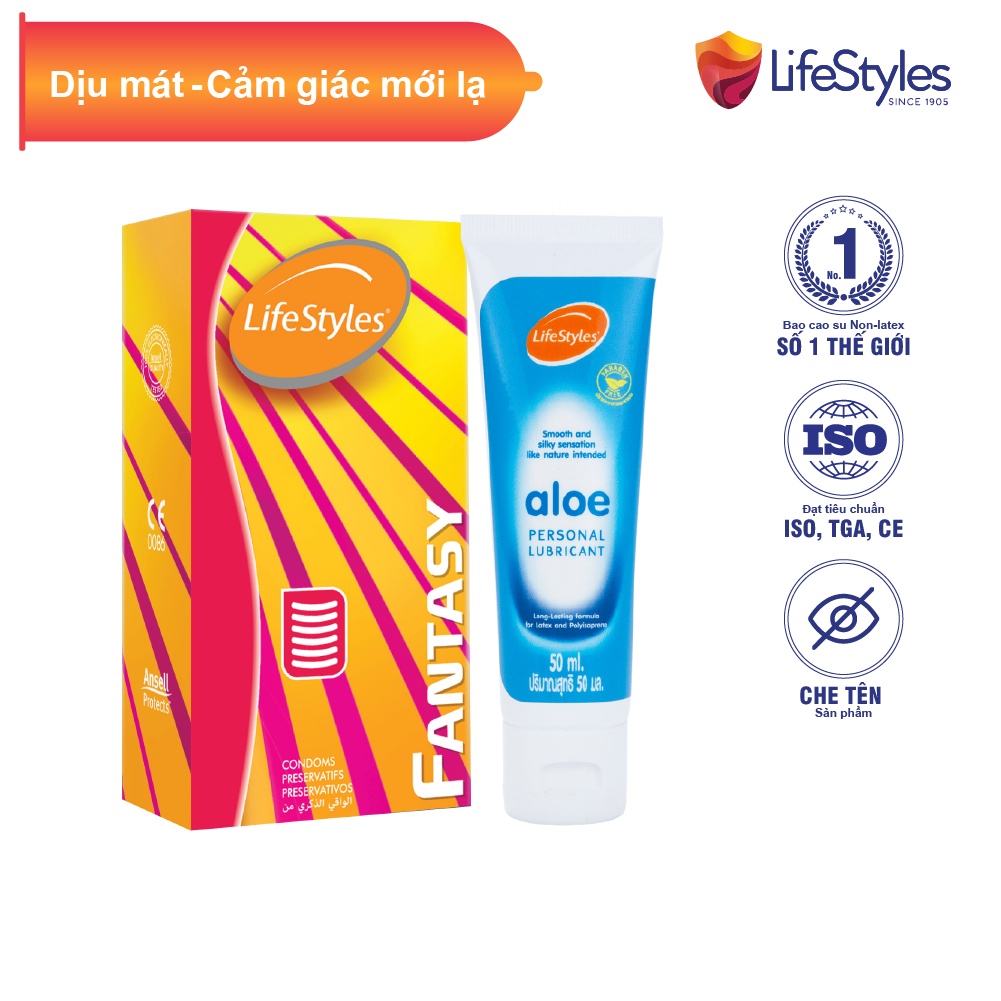 Combo Bao Cao Su LifeStyles Fantasy Có Gân Ngang Cao Cấp 12 bao + Gel Bôi Trơn Tinh Chất Lô Hội LifeStyles Aloe 50ml