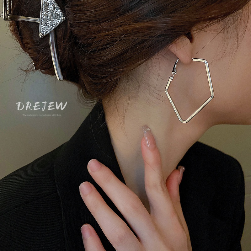 DREJEW Khuyên tai kim loại màu bạc thiết kế hình học rỗng phong cách cá tính thời trang sáng tạo