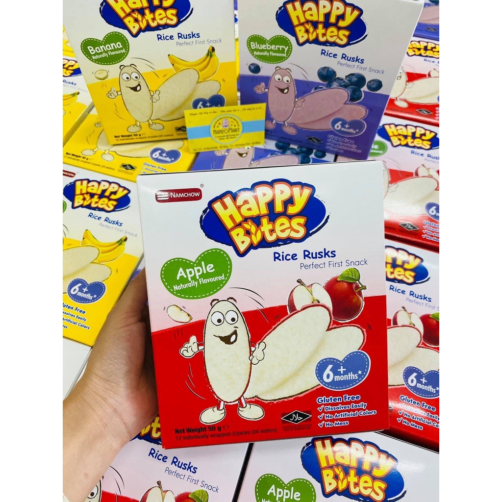 Bánh Gạo Ăn Dặm Cho Bé Happy Bites vị chuối, việt quất, táo 6m+