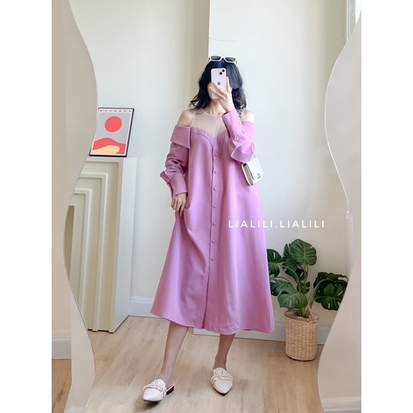 Đầm phối lưới, chất kate thun nhẹ, thoáng mát, không nhăn, bầu có thể bon chen - THIẾT KẾ TỪ LIALILI