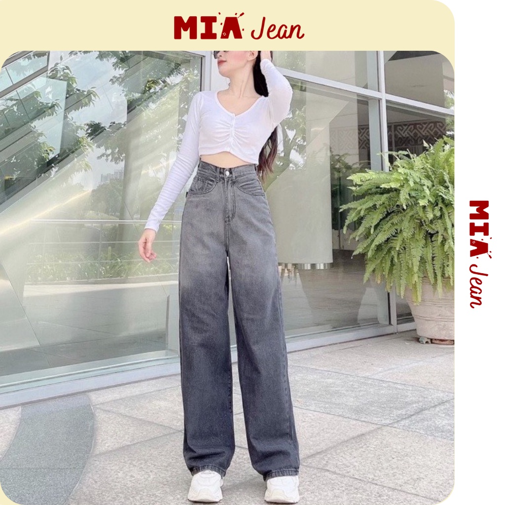 Quần jeans nữ ống rộng loang đen chất bò dày dặn phong cách Hàn Quốc