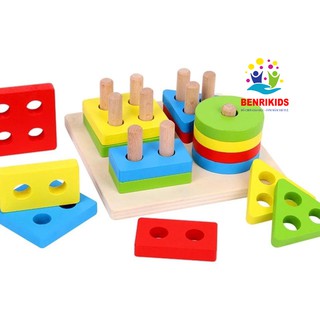 Đồ Chơi Thả Hình Khối Thông Minh Bảng 16 Hình Khối 4 Cọc Bằng Gỗ Đa Sắc Màu Giúp Bé Tư Duy Toán Học - Bảng Shape String