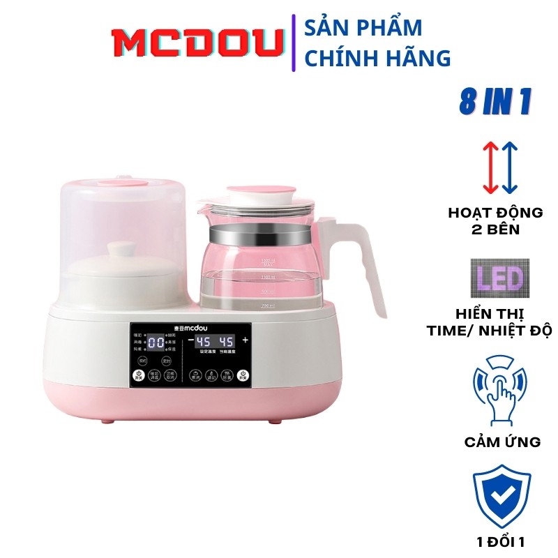 Bình đun nước pha sữa khử CLO, điều chỉnh nhiệt kèm nồi hầm cháo bằng sứ đa năng Mcdou 8in1