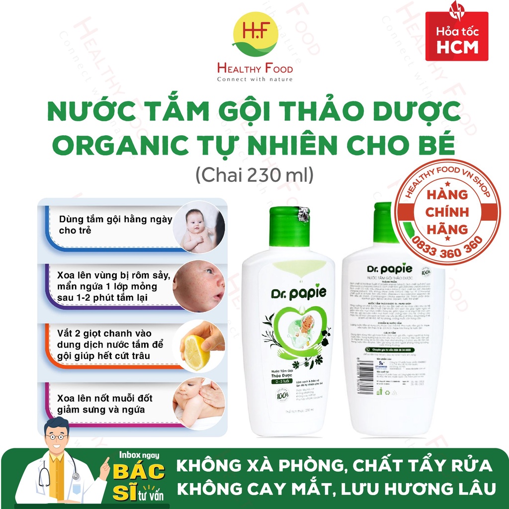 [AN TOÀN CHO BÉ TỪ SƠ SINH] Nước tắm gội thảo dược từ thiên nhiên Dr.Papie chống cảm cúm và rôm sảy (Chai 230ml)