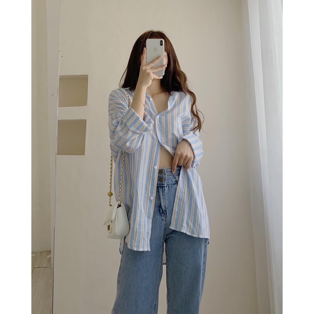 Áo sơ mi dài tay nữ phom rộng basic, Áo sơ mi kẻ xanh 996