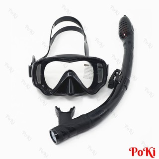 Kính lặn ống thở AMS - ĐEN, mắt KÍNH CƯỜNG LỰC + ống thở van 1 chiều ngăn nước cao cấp - POKI