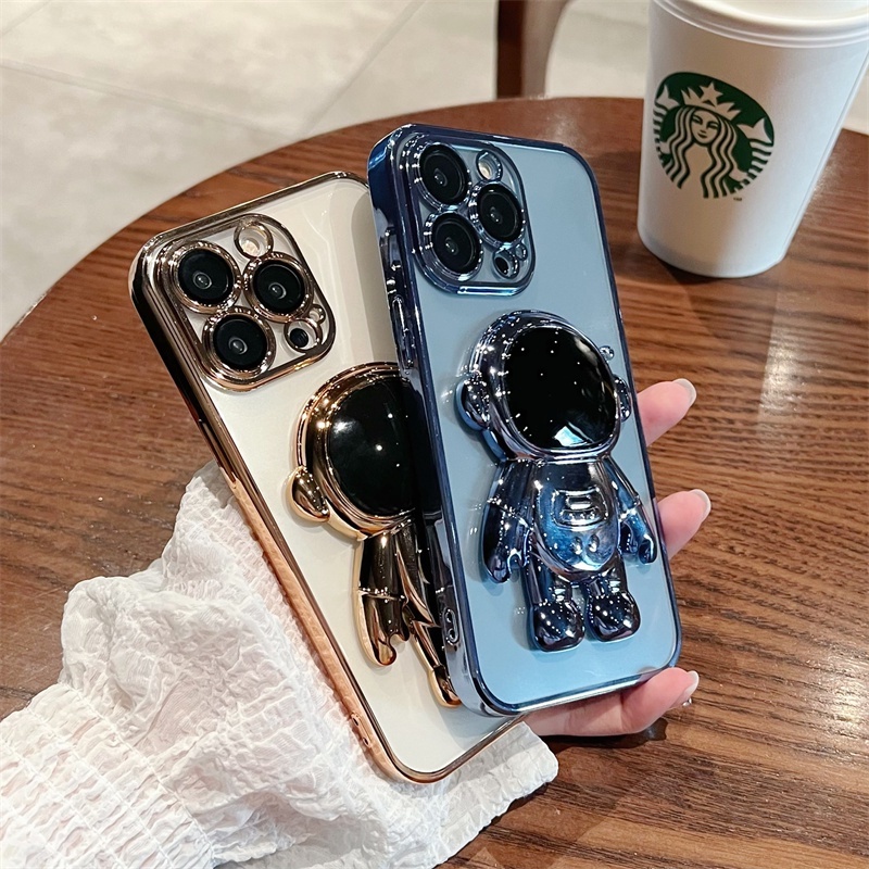 Ốp Điện Thoại Dẻo Mạ Điện Chống Sốc In Hình Phi Hành Gia Có Giá Đỡ Cho iPhone 13 12 11 Pro Max XS Max XR X 8 7 Plus