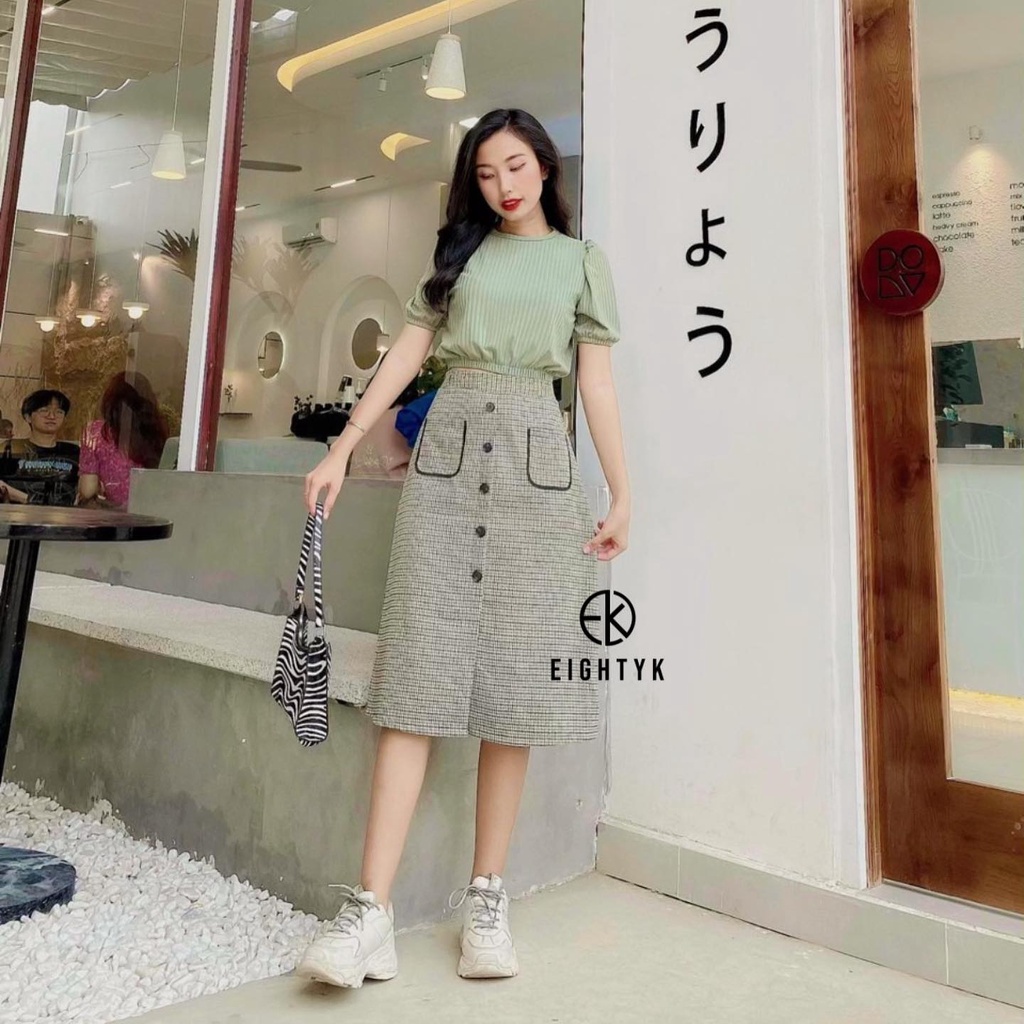 Chân Váy Midi Caro Xanh Mint Phối Nút | BigBuy360 - bigbuy360.vn