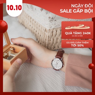 Đồng hồ nam nữ BASID MẶT KIM dây da nâu tinh tế (size 30mm/40mm)