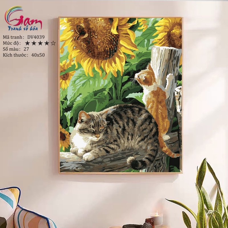 Tranh tô màu theo số mèo mập và hoa hướng dương có sẵn đã căng khung 40x50cm DV4039