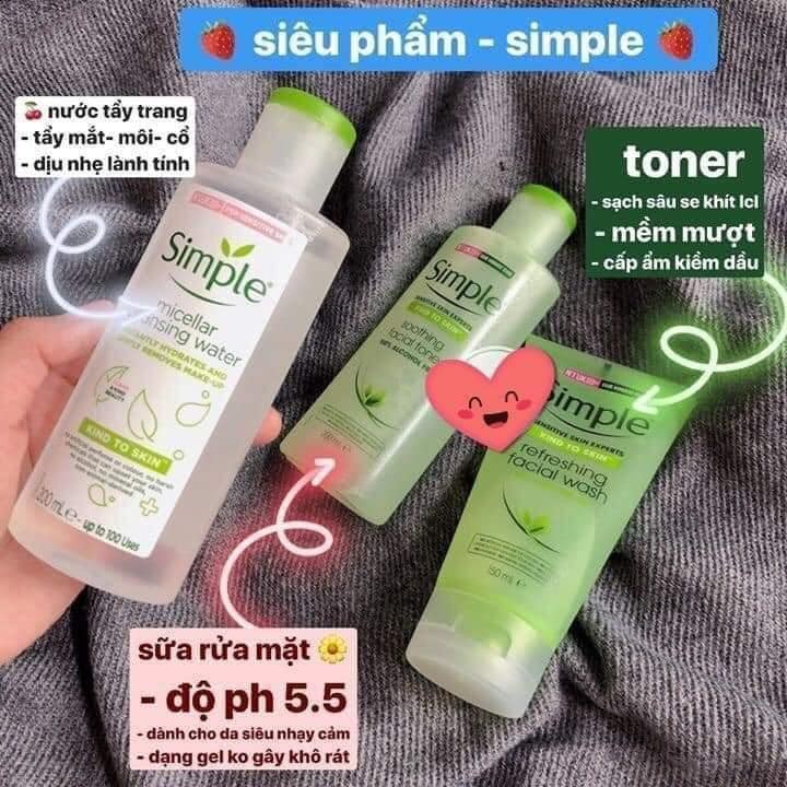 Combo Simple Chăm Sóc Da Nhẹ Dịu: Tẩy Trang + Sữa Rửa Mặt + Nước Hoa hồng
