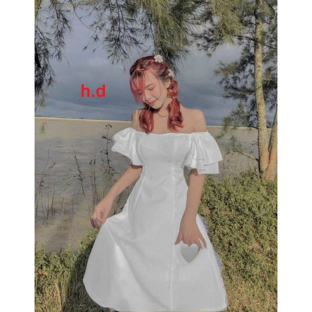 Váy trắng trễ vai tay bồng dáng xoè Có Khoá Lưng MaxiHàng 2 lớp đầm Vintage cánh tiên tiểu thư Rớt vai
