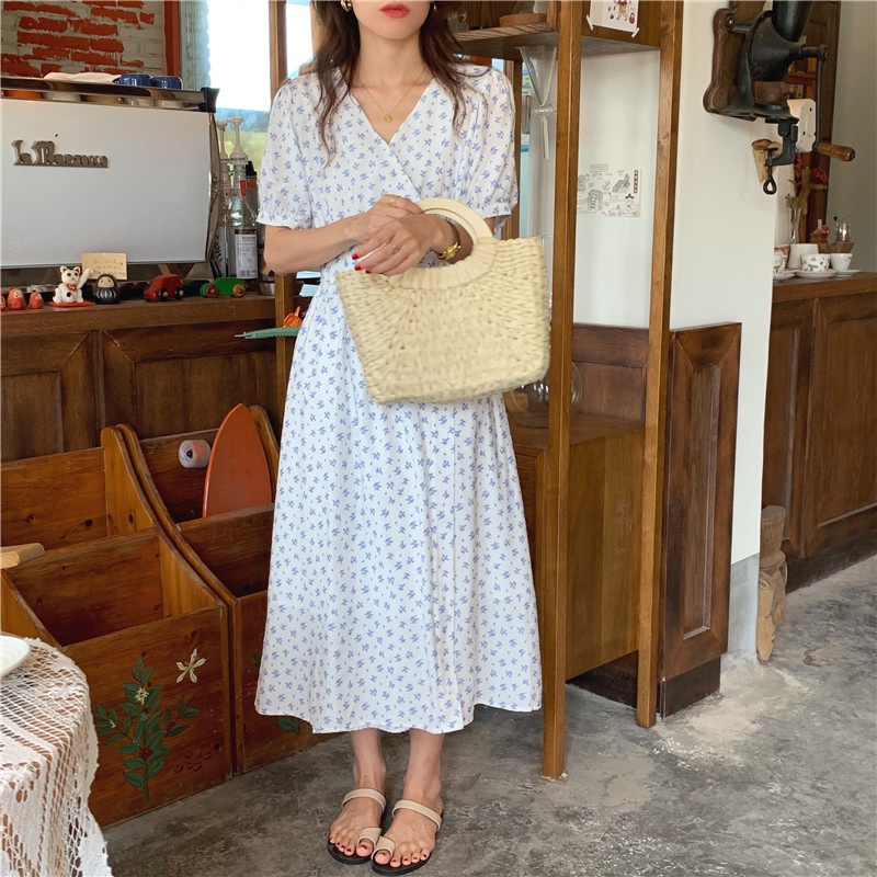 Đầm maxi nữ SUXI tay ngắn cổ chữ V in hoa phong cách Hàn Quốc