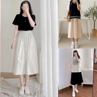 Chân váy đũi dài xước Hàn cạp chun dáng xoè basic thời trang ba màu
