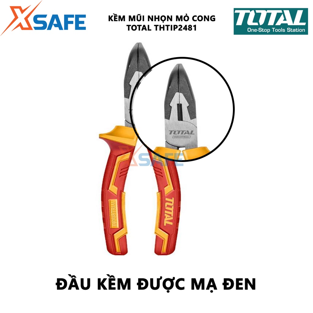 Kìm mũi nhọn mỏ cong cách điện TOTAL THTIP2481 Kềm cách điện kích thước 8inch, đầu mạ đen đánh bóng, cách điện 1000V