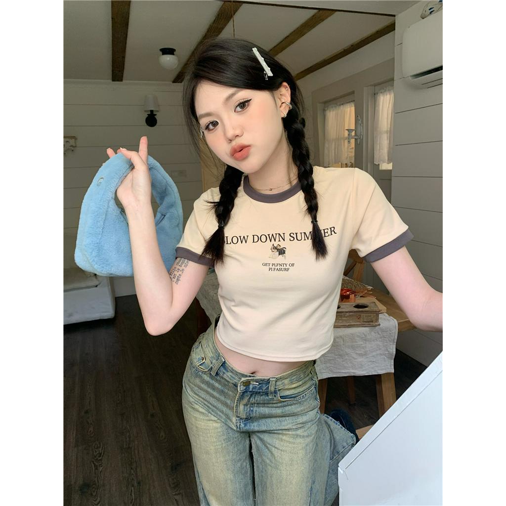 Áo Thun Cổ Tròn In Họa Tiết Màu Sắc Tương Phản Thời Trang Cho Nữ 61821