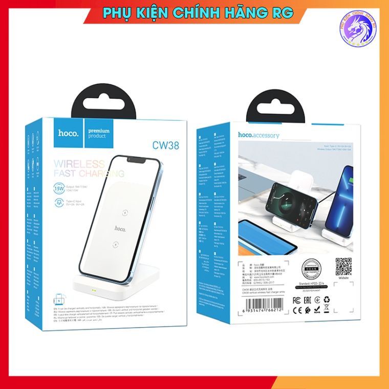 Đế sạc Không dây Hoco CW38 Hỗ Trợ Sạc Nhanh 15W Dạng đứng sang trọng - Bảo Hành Chính Hãng
