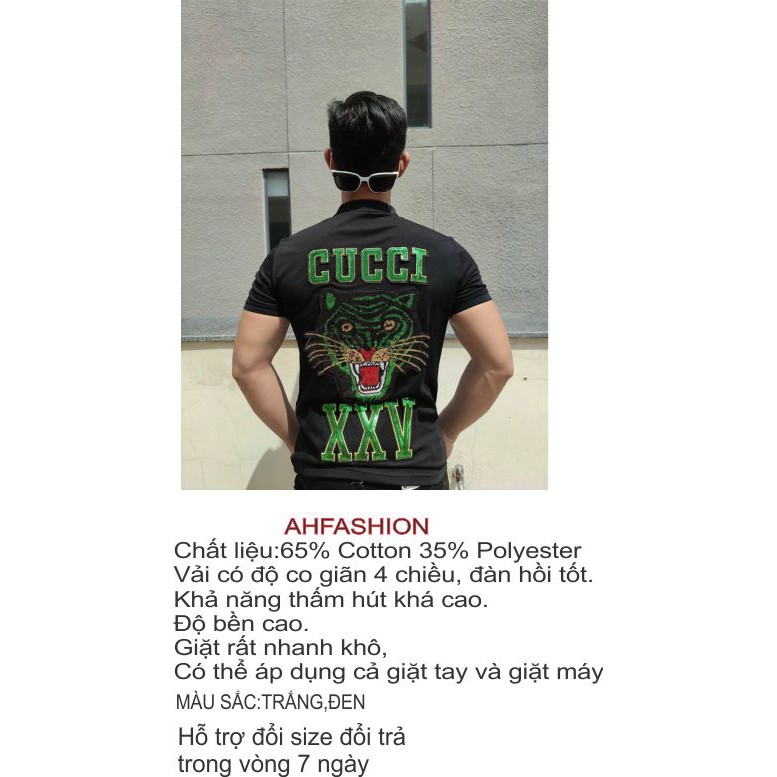 [CÓ VIDEO] Áo thun nam đính kim sa thêu hổ XXV có cổ tay ngắn vải đẹp co dãn foom dáng body 2 màu trắng đen cao cấp | BigBuy360 - bigbuy360.vn