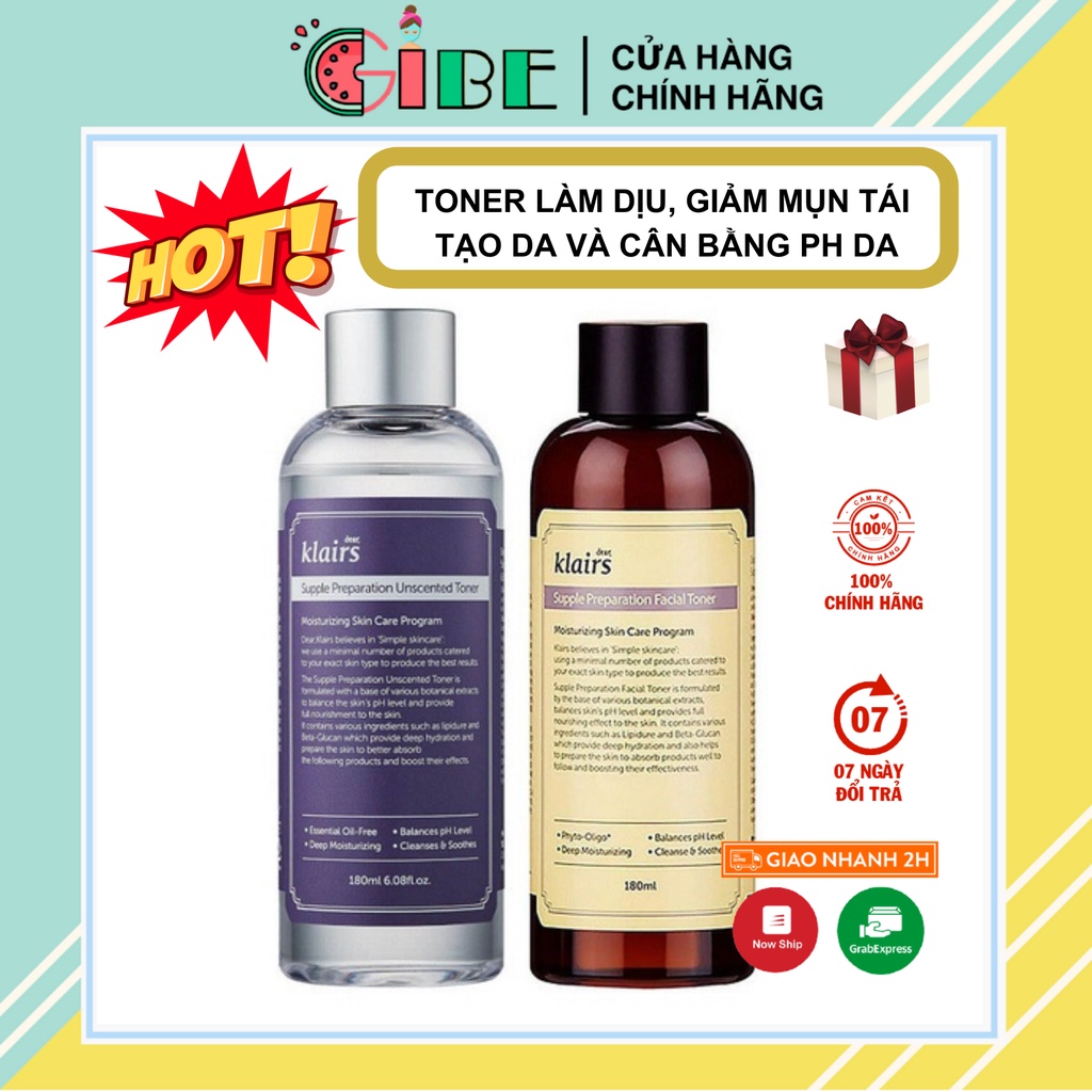 [Hàng Chuẩn]Nước hoa hồng Klairs Supple Preparation Toner 180ml 2 loại G25 GIBE STORE