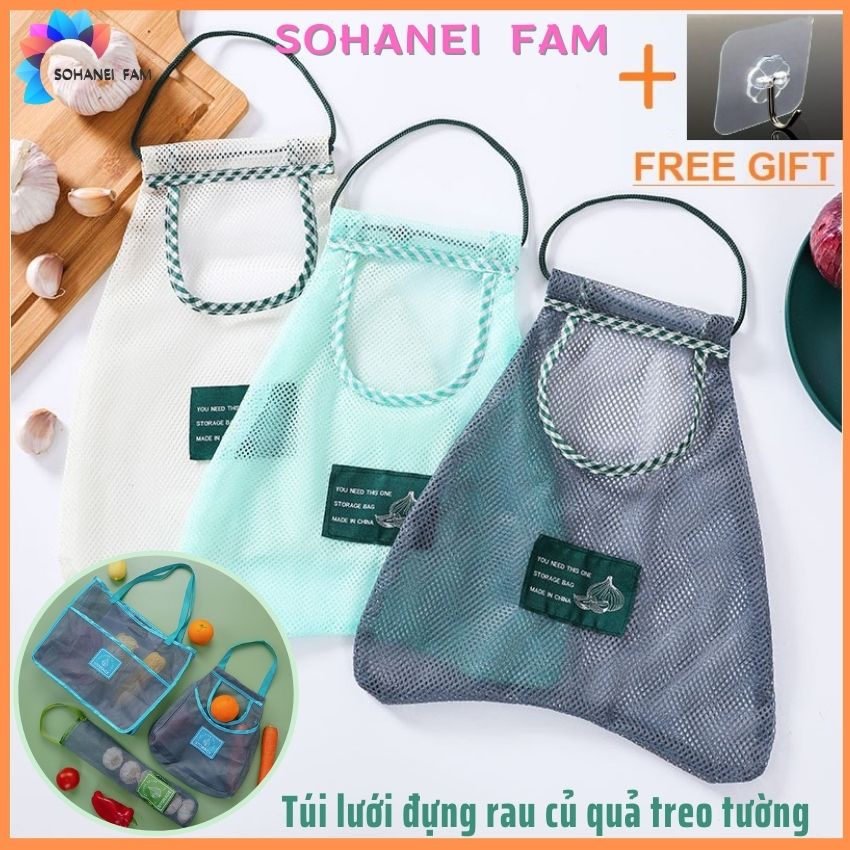 Túi Lưới Treo Tường Đựng Rau Củ Quả (Hành, Tỏi, Khoai Tây...), Đựng Đồ Đa Năng- SOHANEI FAM - Tặng kèm móc dán tường
