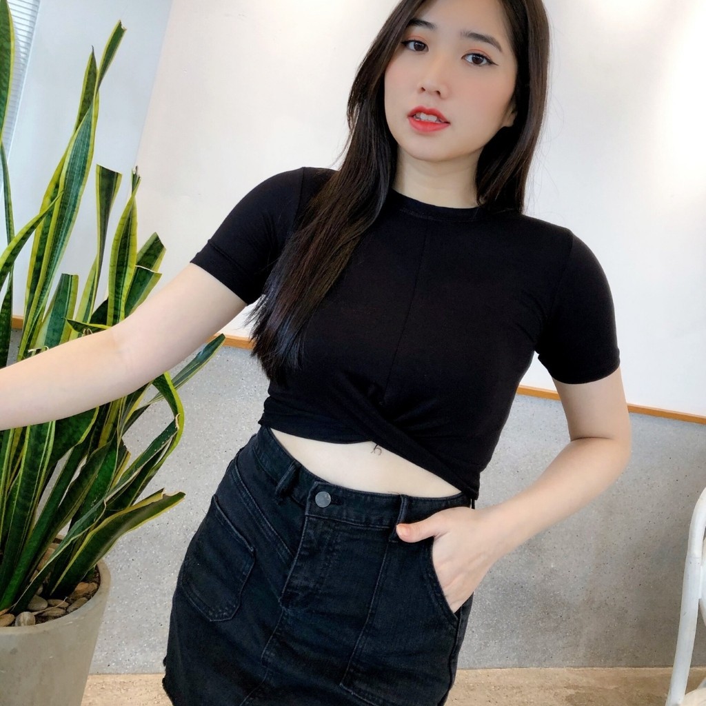 Áo Kiểu Croptop Xoăn Bụng Tay Ngắn, Chất Borip Lụa Dày Dặn Co Giản, Freesize 53kg, Ảnh Thật