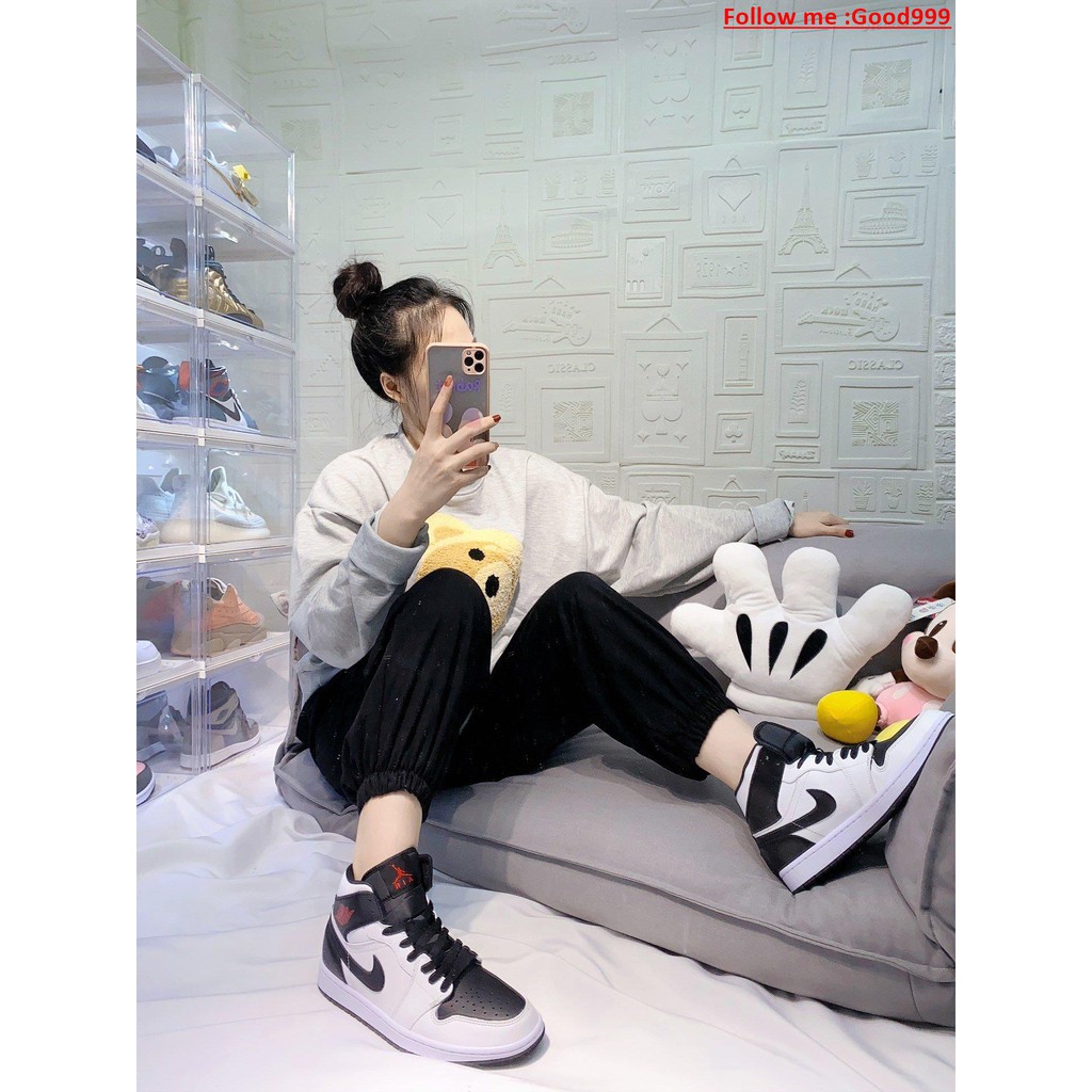 (Good999)   Air Jordan 1 Mid White Black Red Black and white reverse