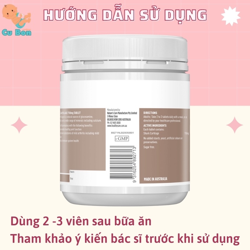 Sụn vi cá mập Healthy Care Shark Cartilage 750mg (200v) hỗ trợ xương khớp cho người trên 18 tuổi, Úc