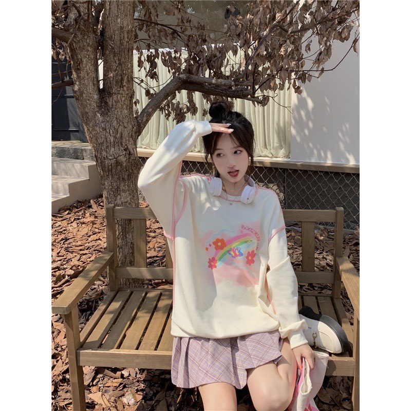 Áo Sweater Nỉ Chỉ Nổi In Hình Dễ Thương, Áo Nỉ Màu Be Cute
