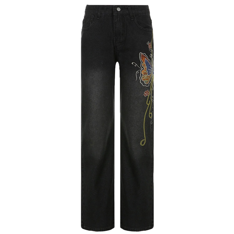 Quần Jean Ống Rộng Lưng Thấp Họa Tiết Bướm Nhiều Màu Sắc Phong Cách Harajuku Cho Nữ