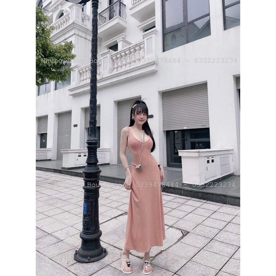 Đầm dáng midi dài thun gân 2 dây cổ V sexy MK
