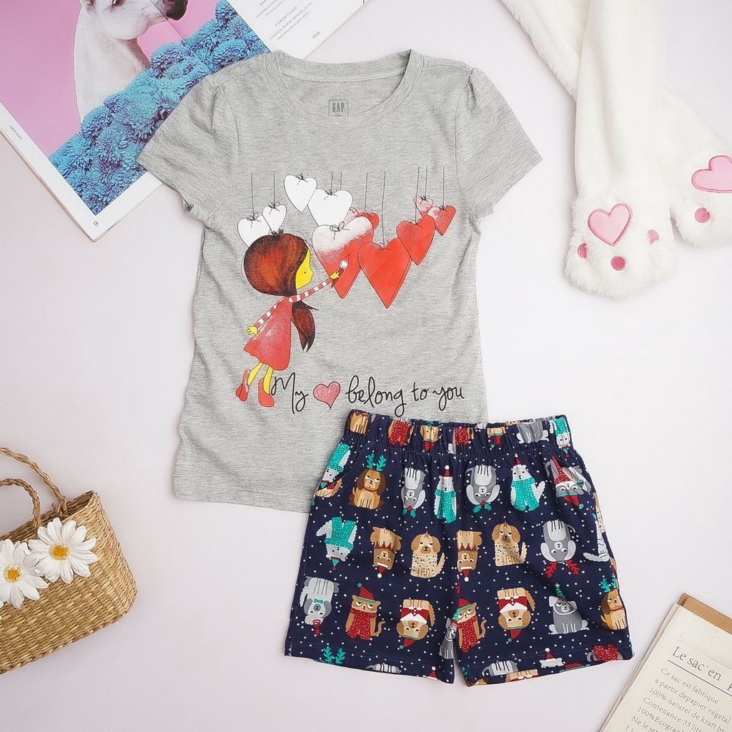 Set đồ bộ ngắn tay thun cotton bé gái GAP bướm heo peppa chuột mickey bé  16 đến 40 ký