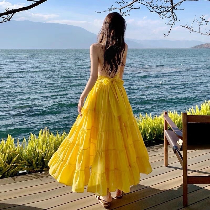 Đầm maxi đi biển du lịch nơ lưng kèm ảnh sàn