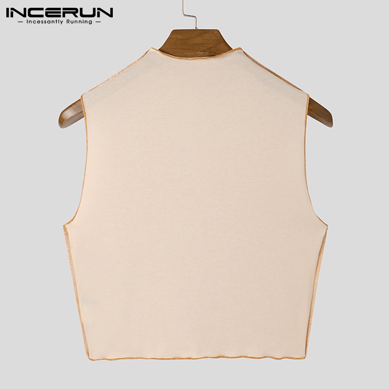 Áo không tay INCERUN thời trang nam phong cách vintage cổ tròn ôm dáng in hoa văn caro