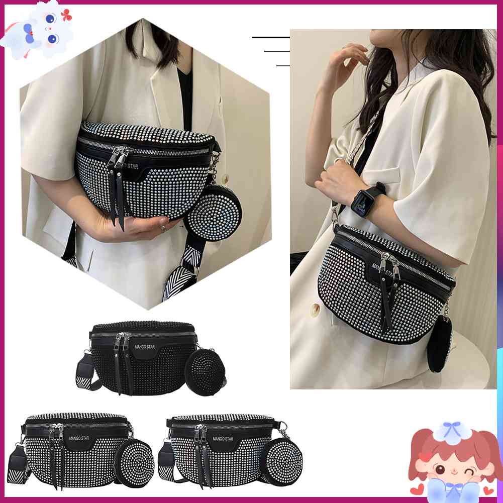 ✿Mars144✿Túi Đeo Chéo Ngực / Thắt Lưng Bằng PU Đính Đá Lấp Lánh Tinh Tế Cho Nữ✿