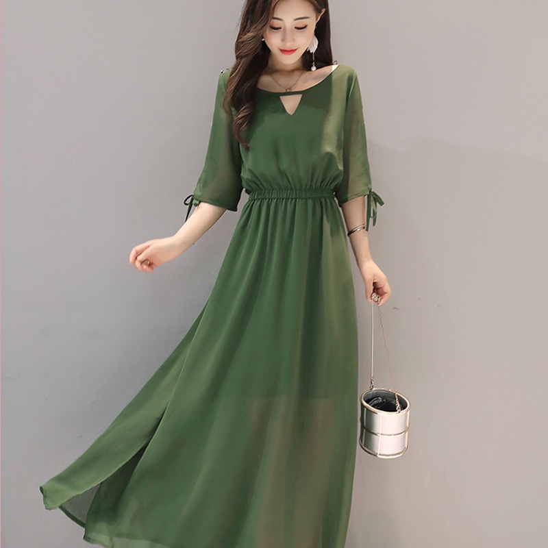 IELGY Đầm Chiffon Dáng Rộng Tay Ngắn Màu Trơn Xẻ Tà Thời Trang Cho Nữ