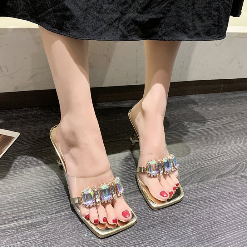 Dép Cao Gót Quai Trong Suốt Đính Đá Thời Trang Mùa Hè Dành Cho Nữ