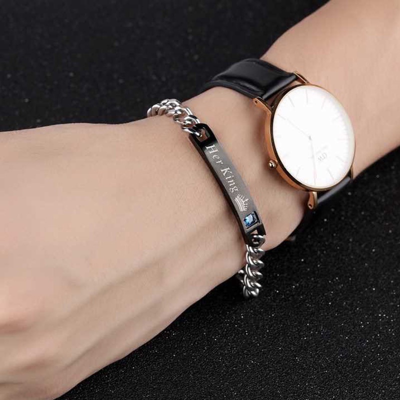Vòng Đeo Tay Màu Đen Phối Mặt Chữ Cái Và Vương Miện Đính Đá Thời Trang Dành Cho Cặp Đôi