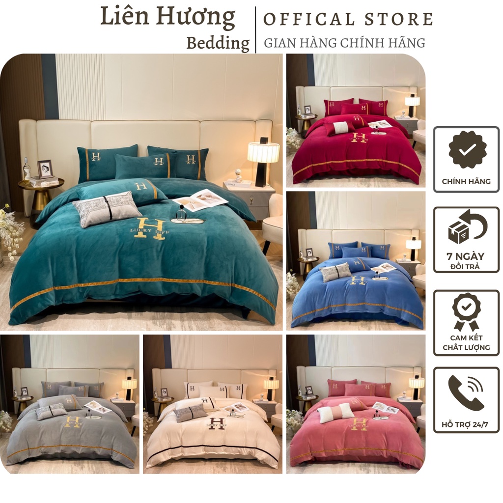 Bộ chăn ga gối nỉ nhung thương hiệu chữ H sang trọng, Chất nỉ dầy dặn không phai mầu xổ lông, làm ấm nhanh sẵn hàng
