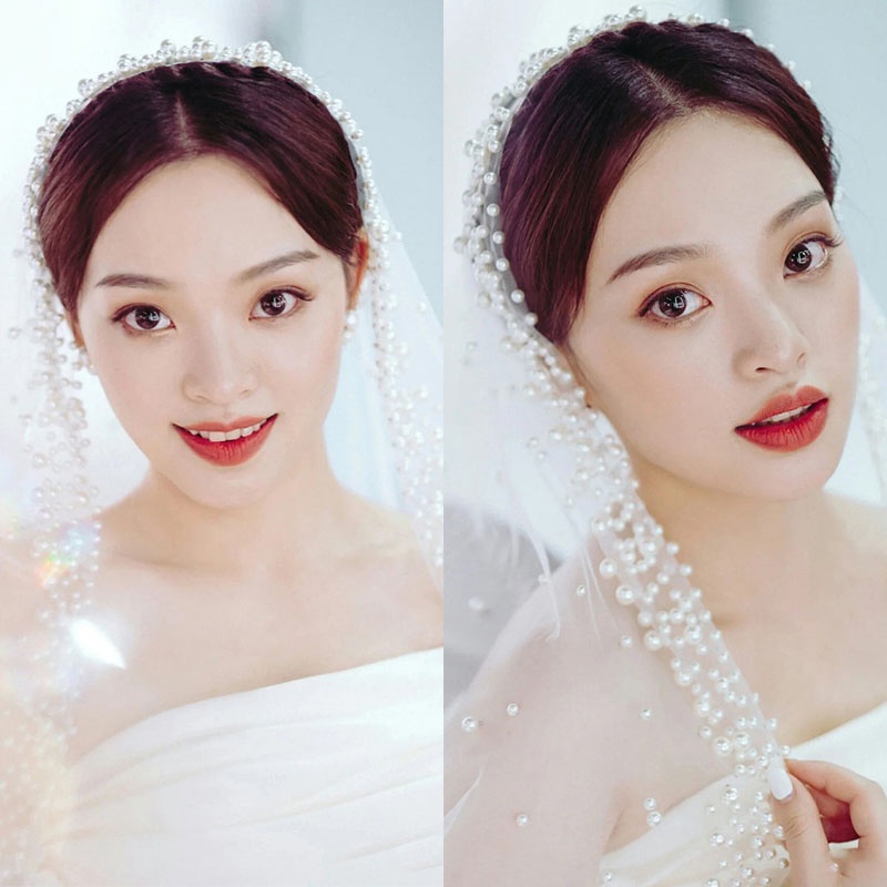 Khăn voan đính ngọc trai nhân tạo phong cách ngọt ngào thời trang cho cô dâu