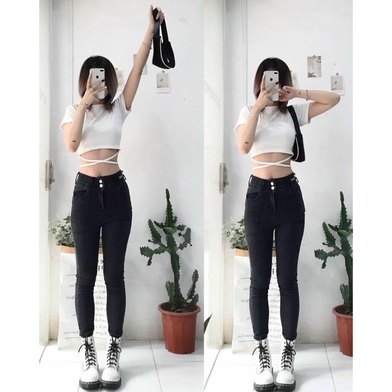 Áo croptop dây cột eo tay ngắn hình thật