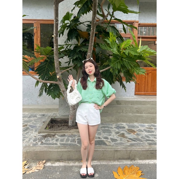 Áo Sơ Mi Tay Bồng Form Croptop Chất Liệu Xốp Hoạ Tiết Caro Dễ Thương Đi Học Minipie