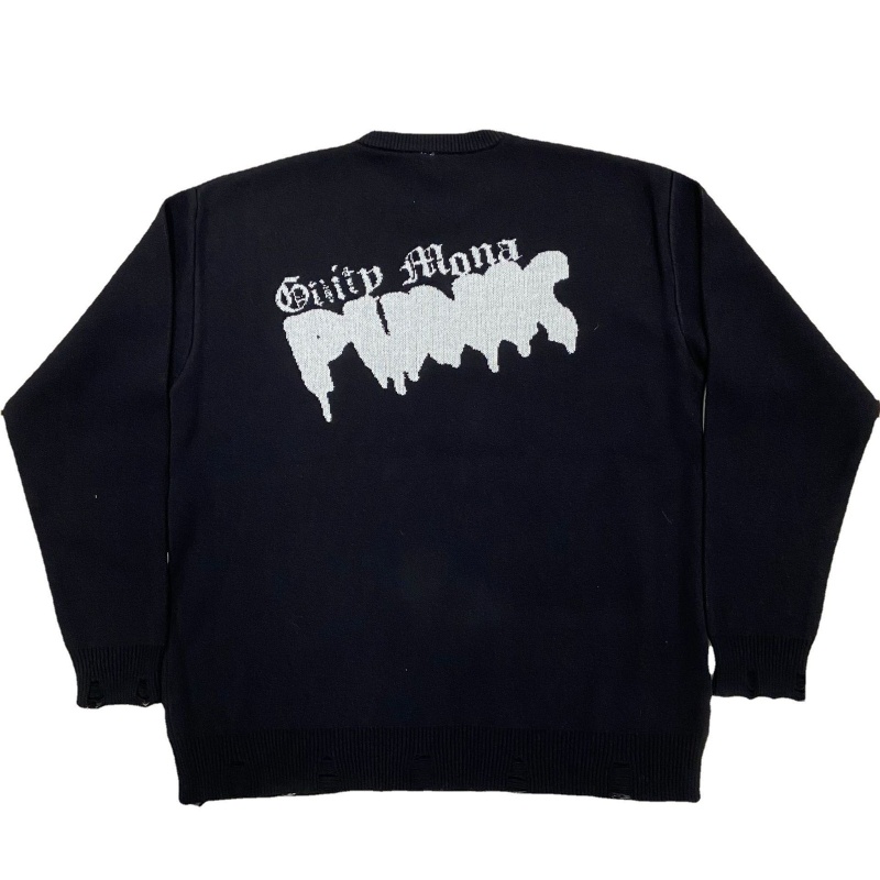 10MK Women Men Harajuku Sweaters Destroyed Ripped Trim Pullovers Tops Crowd Graffiti Letters Round Neck Oversized Jumper