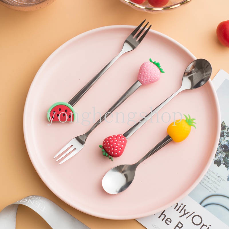 Bộ Muỗng Nĩa Bằng Thép Không Gỉ Hình Trái Cây Dễ Thương