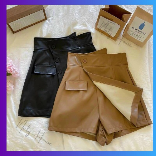 Quần Short Giả Váy Da 3 Cúc Vạt Chéo Điệu Đà 2 Màu Đen , Nâu