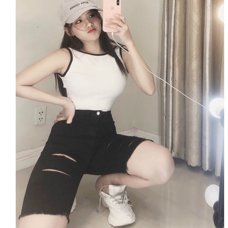 Quần Jean Nữ Aiori Quần Ngố Lửng Đen Tuyền Ôm Dáng Lưng Cao Rách Kiểu Jeans Cotton Co Giãn Tốt Thoáng Mát, Mềm Mịn