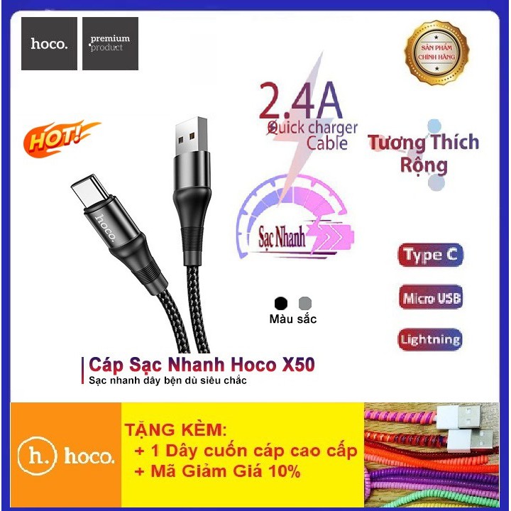 Cáp Sạc Nhanh Hoco X50💎CAO CẤP💎Dây Sạc Nhanh Dây Dù Chống Đứt, Gãy Dài 1M Cho Iphone/Android - Bảo Hành Chính Hãng 12T