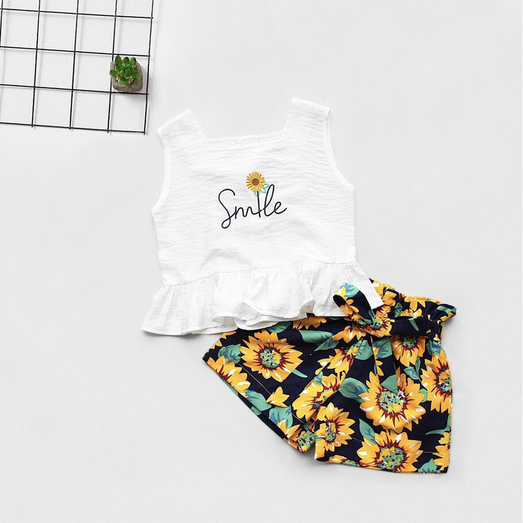 Set áo thêu hoa & quần soc kiểu thắt nơ lưng cho bé gái hiệu Nexxi
