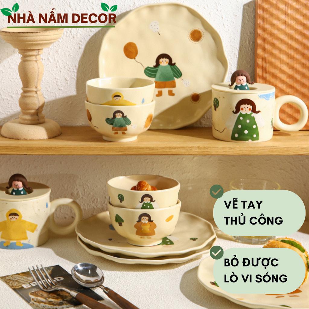Bát đĩa sứ dễ thương vẽ tay thủ công Cô Gái