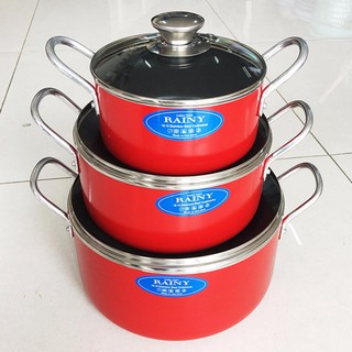 Bộ 3 nồi nhôm chống dính nắp kính Rainy (Đỏ)
