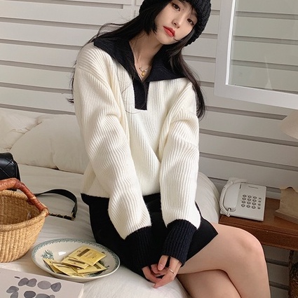 Áo polo ZHELIHANGFEI dệt kim tay dài dáng rộng dễ phối đồ